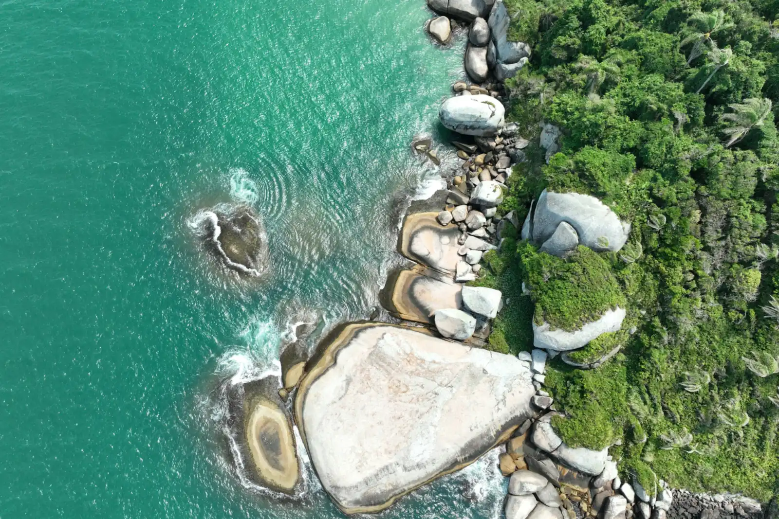 Vista aérea da costa da Ilha do Campeche, com mar verde-esmeralda, grandes rochas de granito e mata atlântica