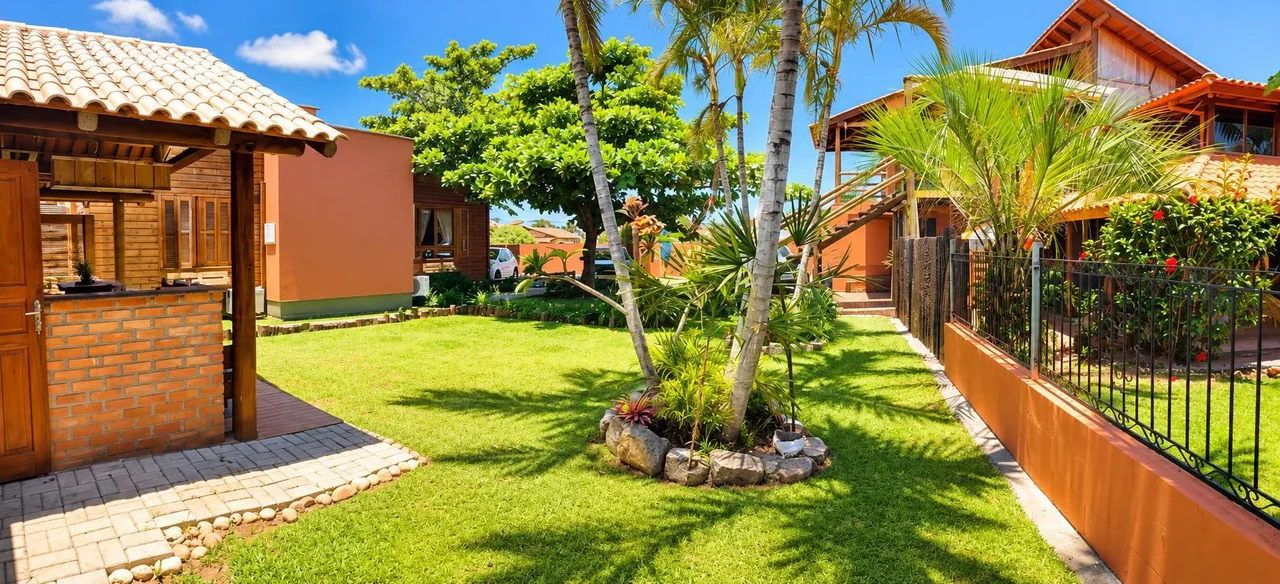 Jardim e recepção da Campeche Lofts em dia de sol